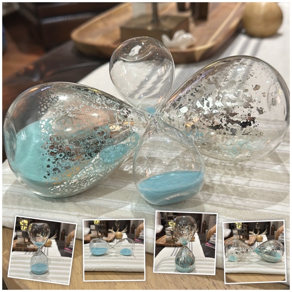 Pier 1 Imports Vintage Hourglass Set w/Aqua Sand & Silver Tone Accents, Like New - Picture 2 of 16